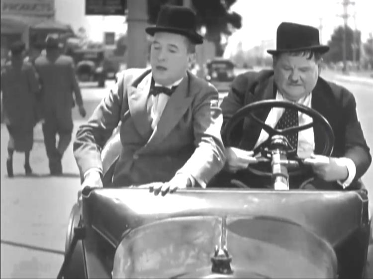 Laurel and Hardy in a scene from the 1934 movie Going Bye-Bye!