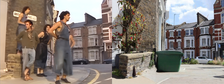 Dexys Midnight Runners in a scene from their music video Come On Eileen on location in London.
