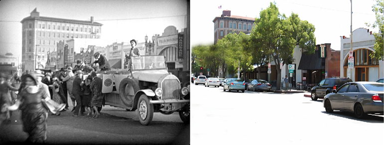 A great view of the Culver Hotel and shops on the west side of Main Street in Culver City.