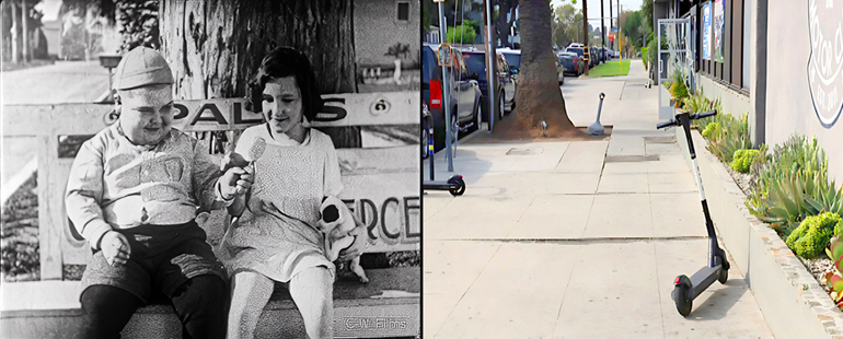 Joe Cobb and his girlfriend sitting on a bench in the Palms neighborhood of Los Angeles.