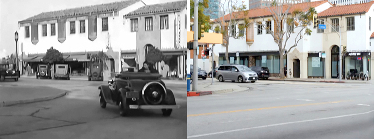 Thelma Todd and Patsy Kelly driving through the Westwood Village neighborhood of Los Angeles in 1933